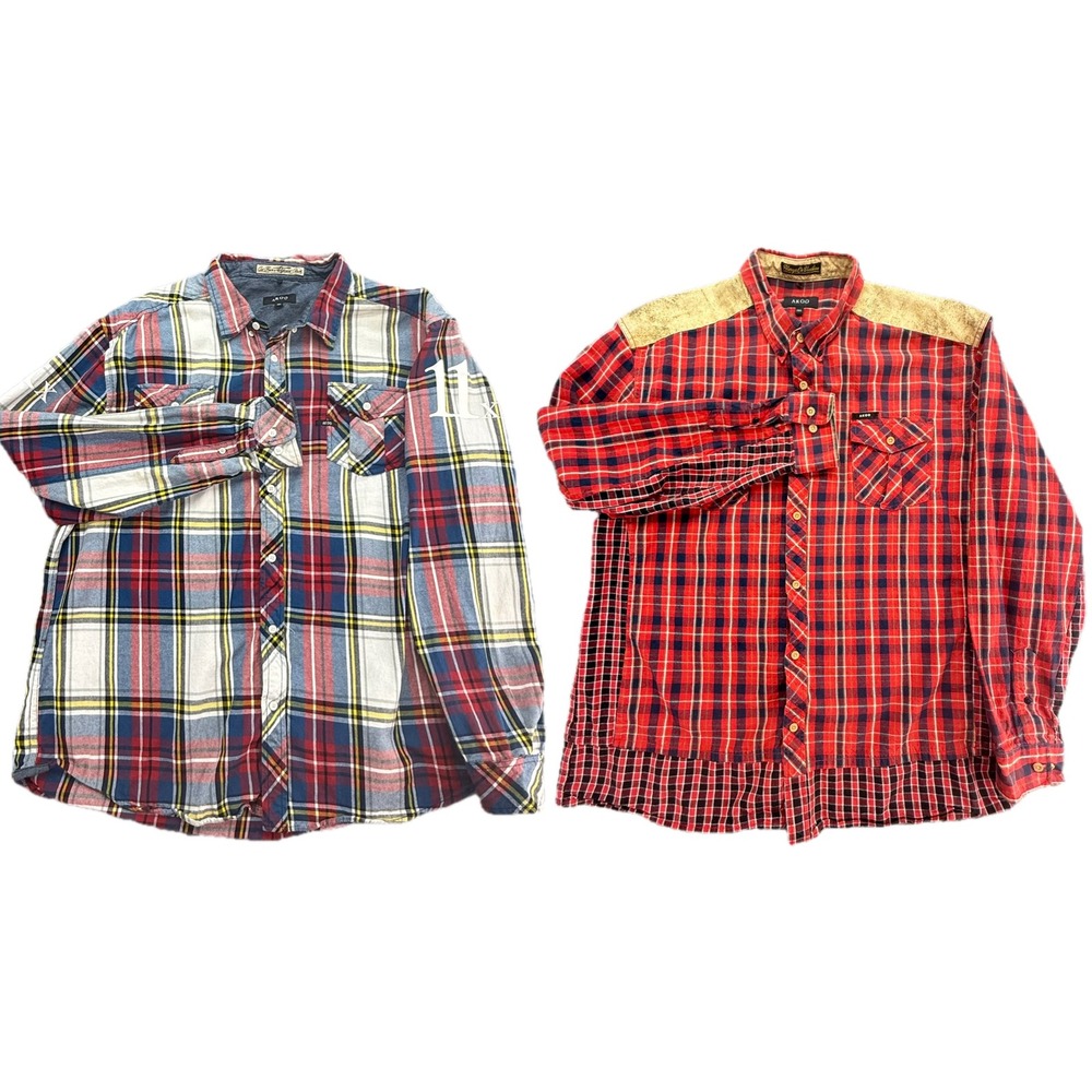 2 AKOO Mens Plaid Flannel Button Up Shirt 3XL Red Blue White Yellow Contrast